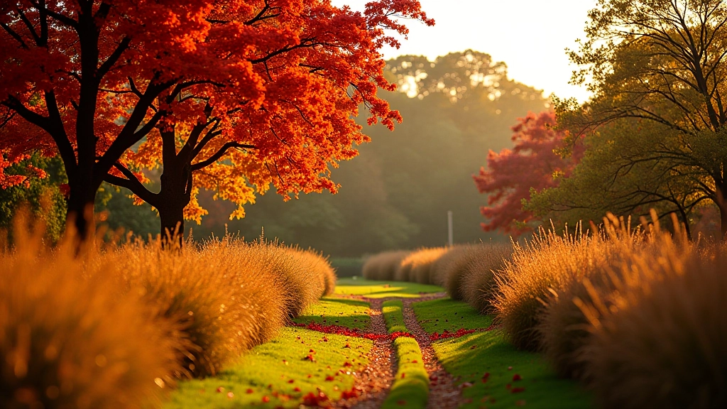 Autumn garden with red and gold foliage, ornamental grasses, berry-laden shrubs, warm golden afternoon light
