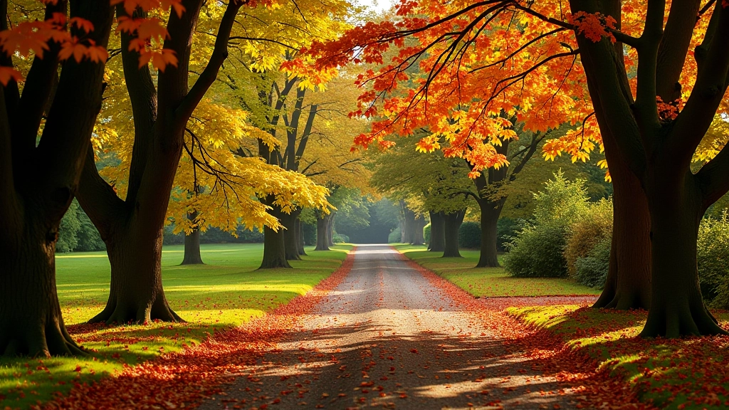 Autumn foliage in park with fallen leaves and vibrant tree colors in woodland setting