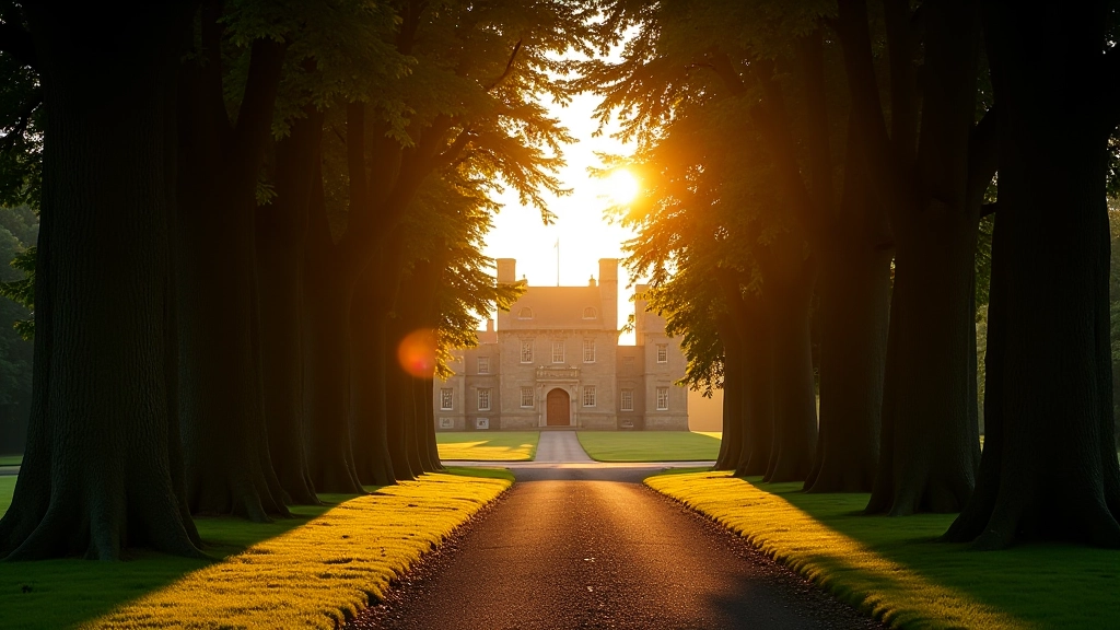 Castle structure viewed through tree-lined avenue at sunset with warm golden lighting