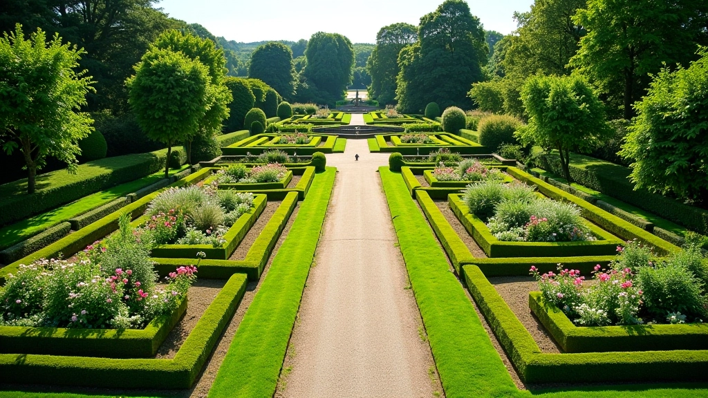 Formal garden beds with geometric patterns and heritage plantings photographed from elevated vantage point showing Victorian design layout