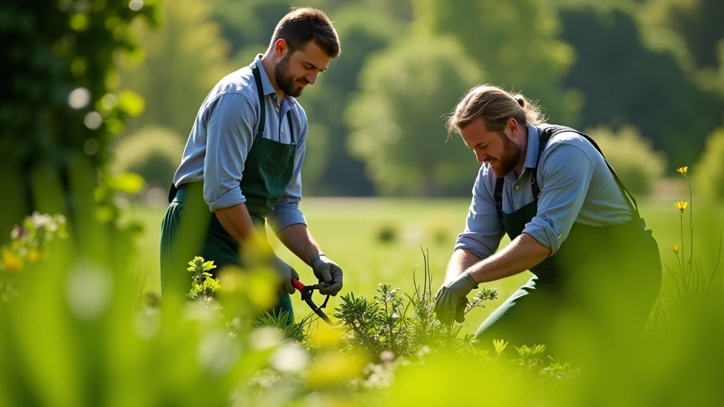 Restoration workers carefully tending heritage garden beds with period-appropriate tools and techniques visible in professional photograph