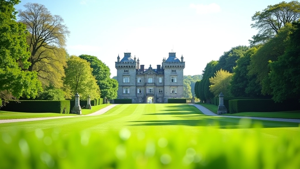 Historic castle structure surrounded by parkland with open green spaces and distant tree lines