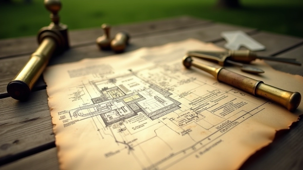 Victorian-era landscape design sketches and garden plans spread on period paper with antique surveying instruments