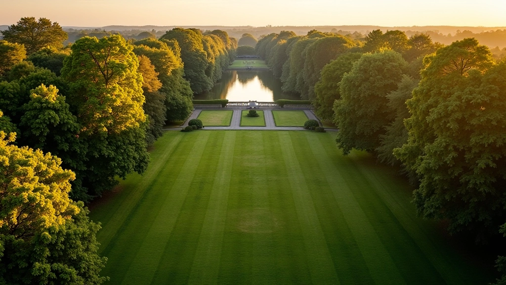 Johnstown Castle Estate with manicured parkland and lake views in golden afternoon light