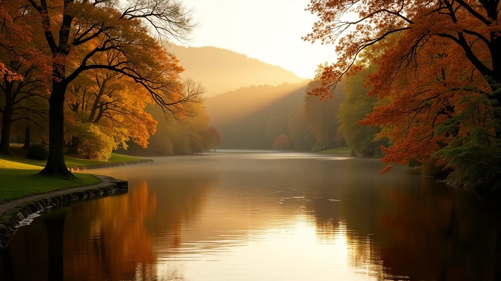 Autumn leaves reflected in still lake water, seasonal landscape, golden hour lighting, peaceful estate setting
