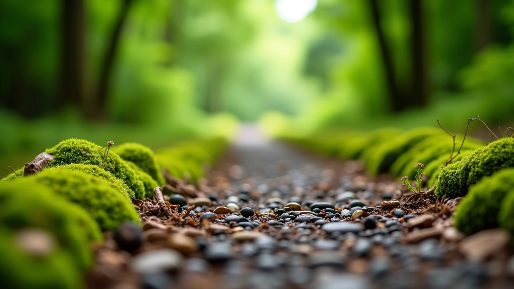 Close-up detail of woodland path showing gravel surface, tree roots, moss on edges, natural textures