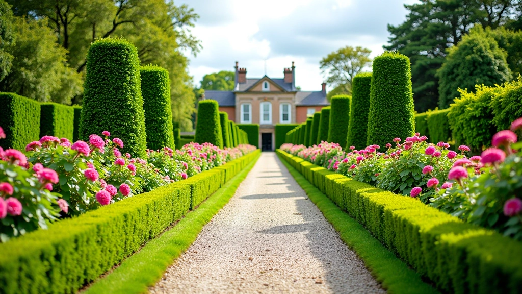 Ornamental gardens with flowering plants and manicured hedges at Johnstown Castle Estate