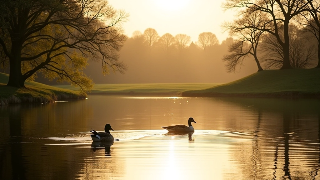Tranquil lake view with native waterbirds and overhanging trees reflected in still water during golden hour light