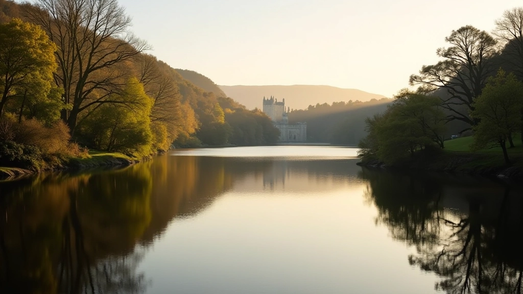 Tranquil lake with reflections of surrounding trees and castle estate in calm water