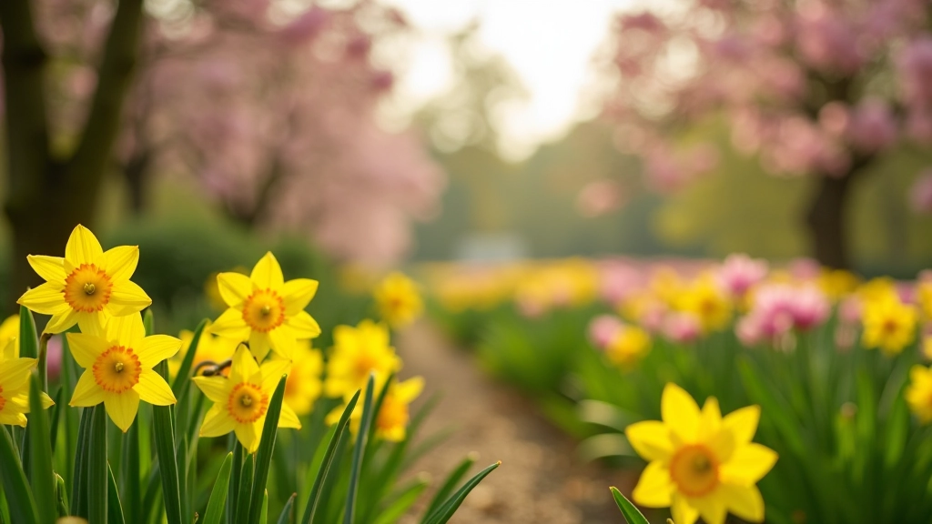 Spring daffodils and magnolia blossoms in castle estate gardens, soft sunlight through blooming trees