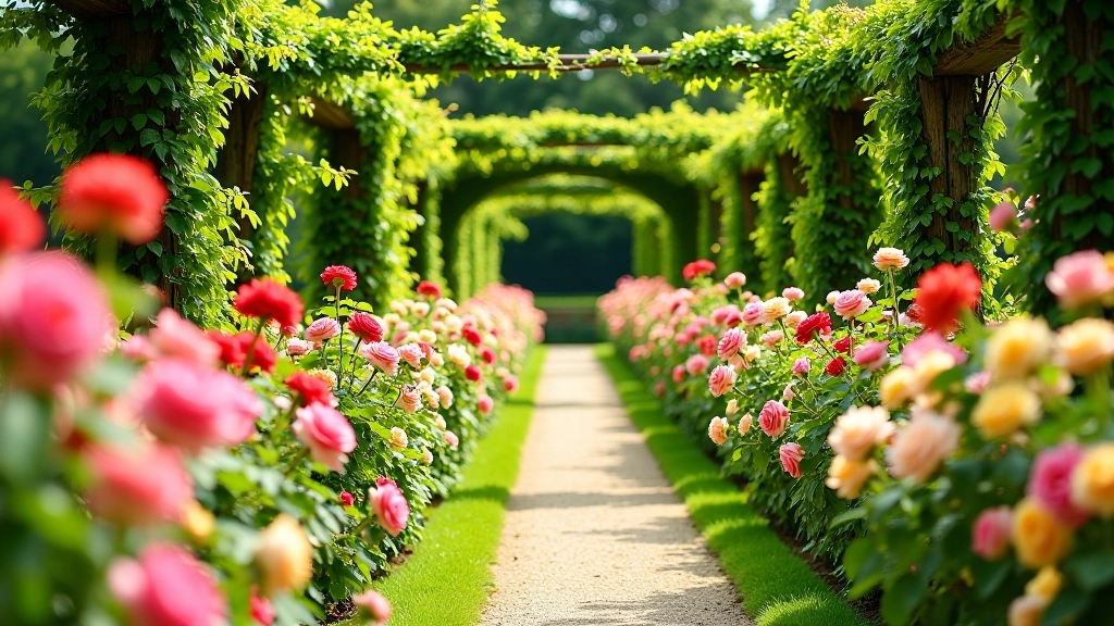 Blooming rose garden with colorful hybrid tea roses, climbing roses on pergolas, summer sunlight