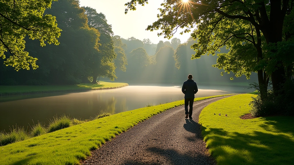 Gravel walking path winding around calm lake, lush trees reflecting in water, peaceful morning atmosphere