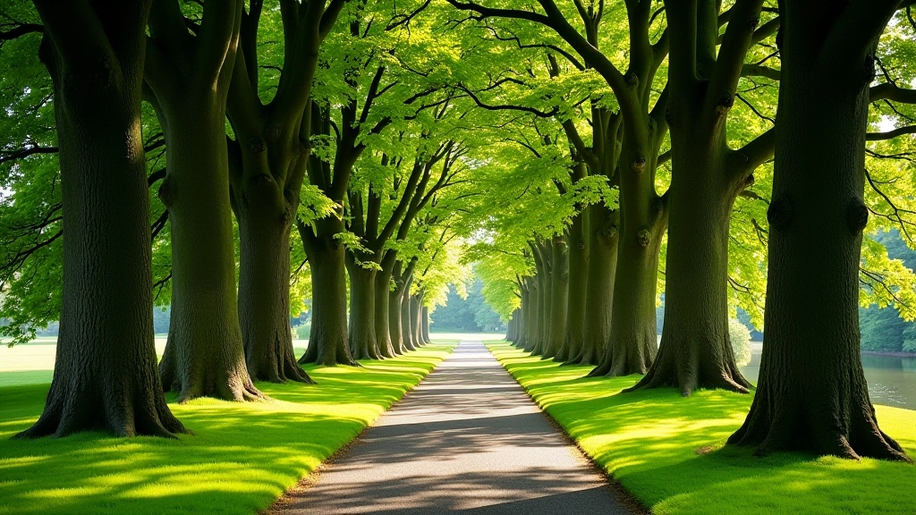 Stone pathways winding through mature oak and beech trees in parkland setting
