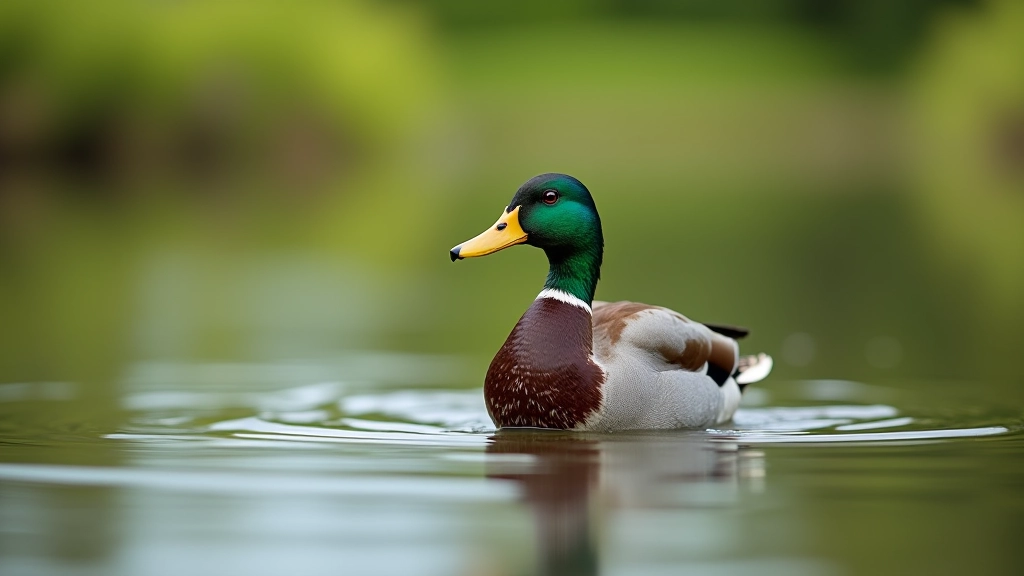Mallard duck swimming in clear lake water with vegetation, natural wildlife habitat, bright daylight