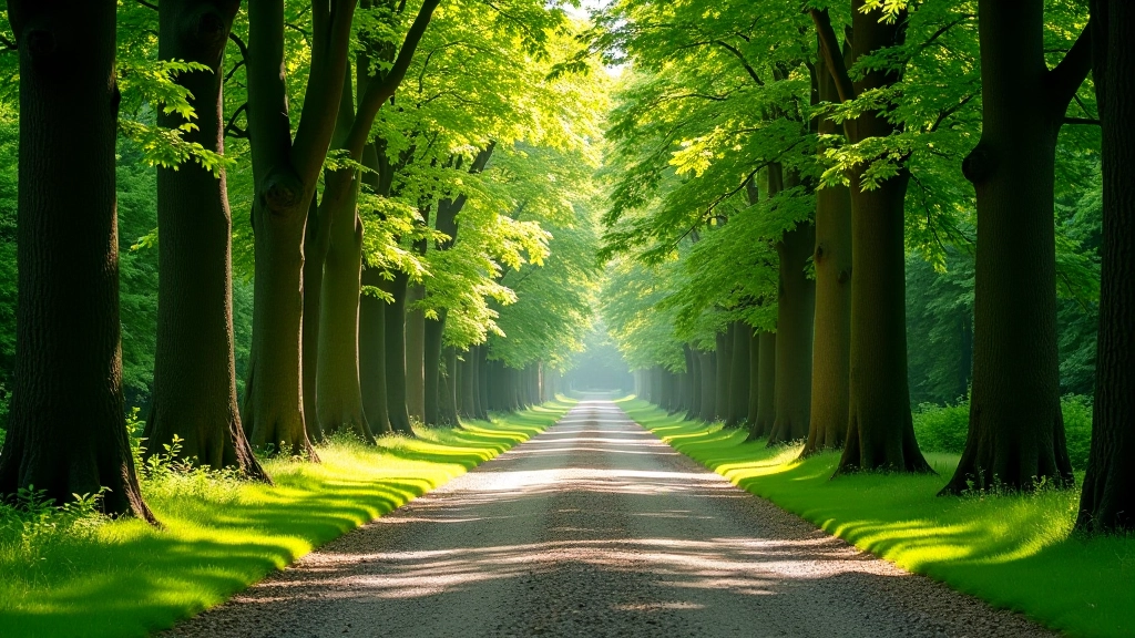 Wide gravel path through mature beech woodland with dappled light on the ground, forest canopy overhead