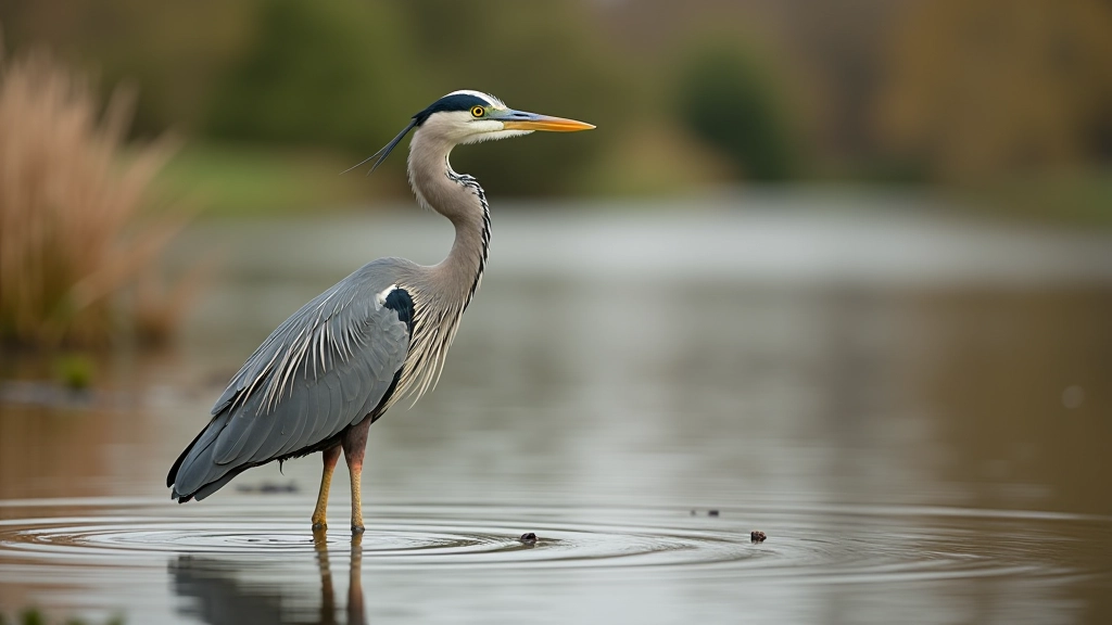 Wild heron standing at edge of still lake water, reeds in background, gray and blue plumage