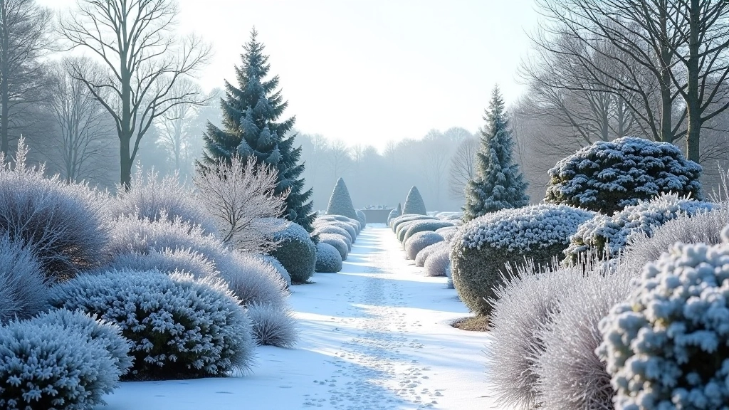 Winter garden with frost-covered plants, evergreen shrubs, clear sky, visible garden structure and pathways